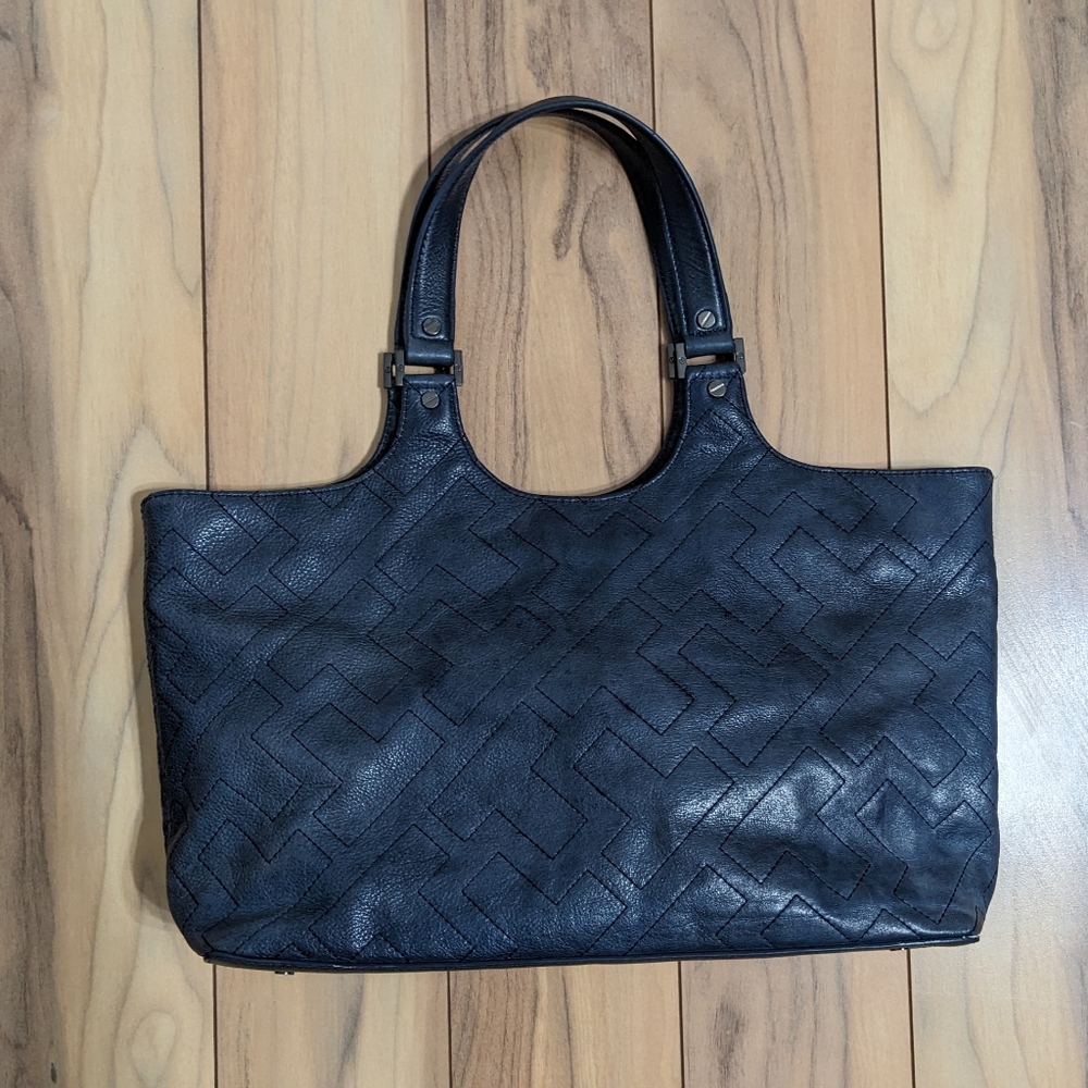 EUC! Tory Burch T Monogram Quilted Shoulder Bag In Blue Slate Leather